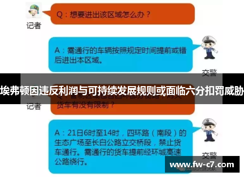 埃弗顿因违反利润与可持续发展规则或面临六分扣罚威胁