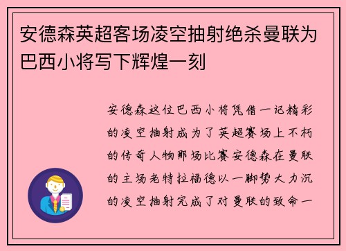 安德森英超客场凌空抽射绝杀曼联为巴西小将写下辉煌一刻 安德森英超客场凌空抽射绝杀曼联为巴西小将写下辉煌一刻