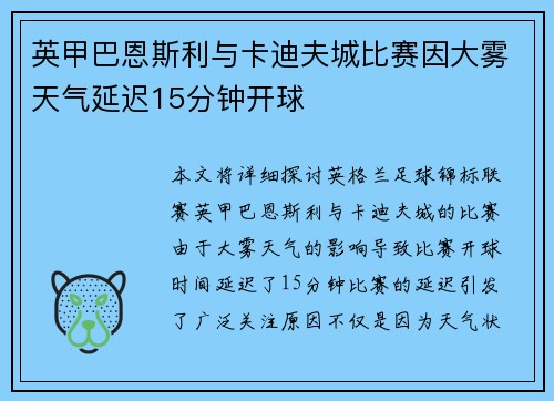 英甲巴恩斯利与卡迪夫城比赛因大雾天气延迟15分钟开球 英甲巴恩斯利与卡迪夫城比赛因大雾天气延迟15分钟开球
