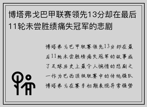 博塔弗戈巴甲联赛领先13分却在最后11轮未尝胜绩痛失冠军的悲剧 博塔弗戈巴甲联赛领先13分却在最后11轮未尝胜绩痛失冠军的悲剧